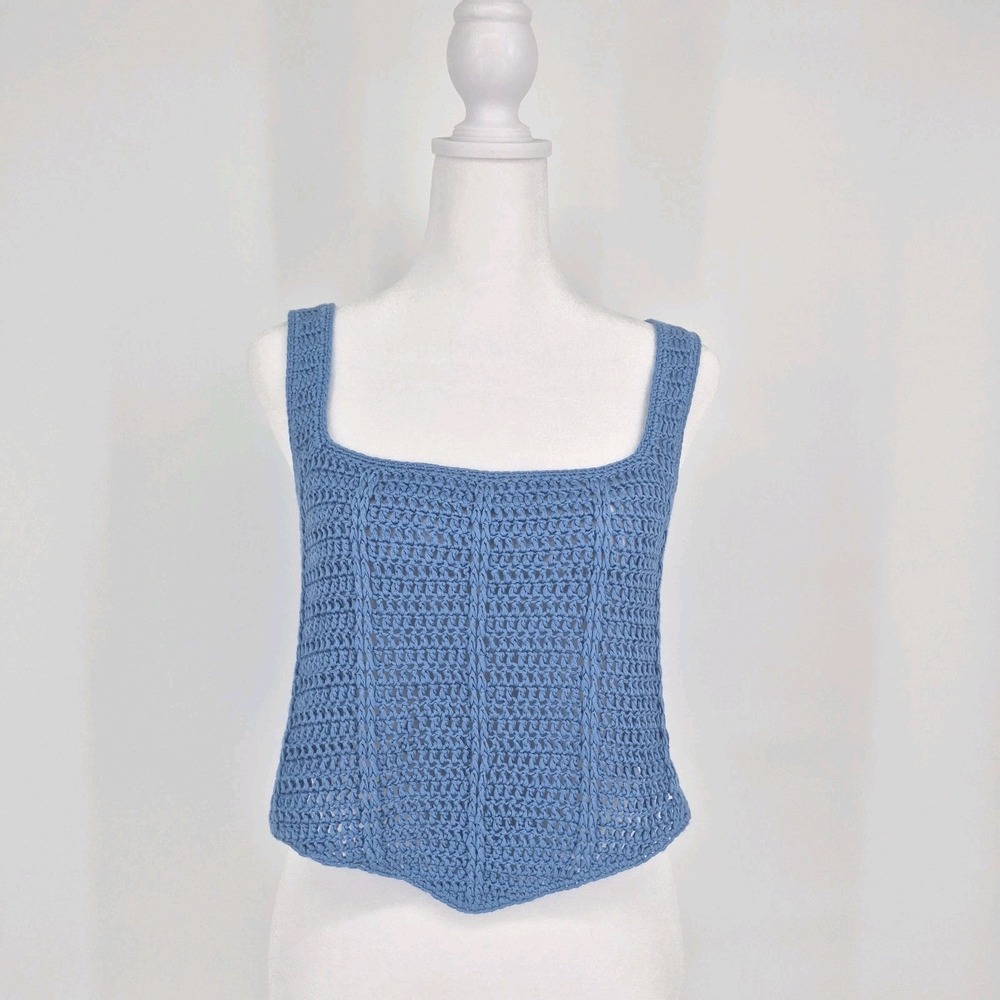 Crotchet Corset Top Blue Knit Crop Tank Square Neck Boho Festival Beach Sz 12